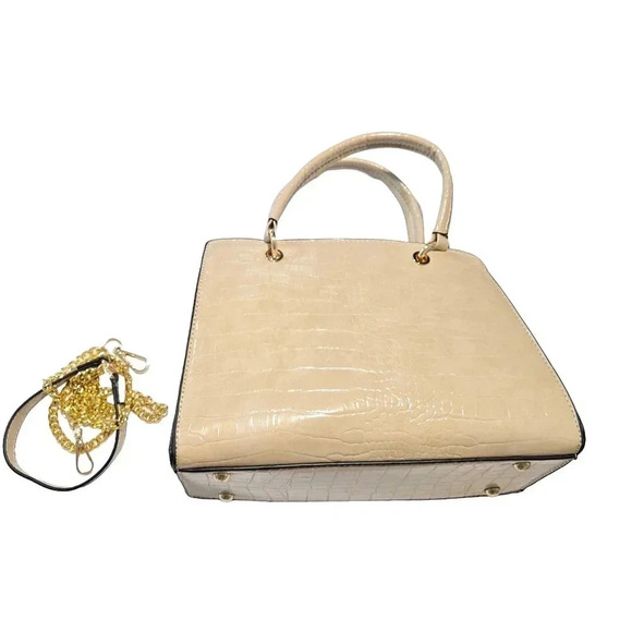 Beige Croc-Embossed Structured Handbag - Picture 9 of 12